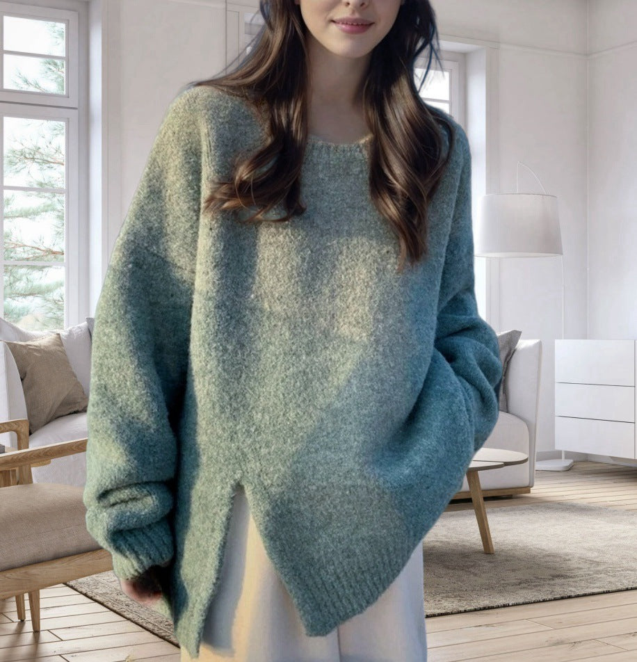 Damen Oversized Strickpullover mit elegantem V-Ausschnitt und seitlichen Schlitzen Drune