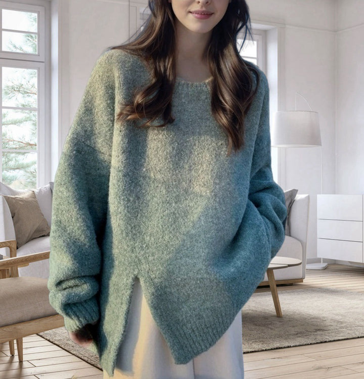 Damen Oversized Strickpullover mit elegantem V-Ausschnitt und seitlichen Schlitzen Drune
