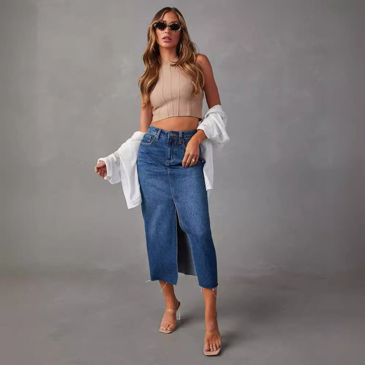 Damen Hoch geschnittene Denim-Midirock mit seitlichem Schlitz und fransigen Säumen Drune