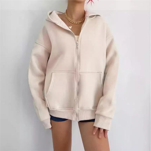 Damen nan oversized Zip-Hoodie mit French-Terry Fleece, Kängurutaschen und verlängerten Ärmelbündchen Drune