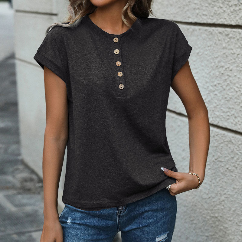 Damen Kurzarm-T-Shirt mit Knopfleiste Drune