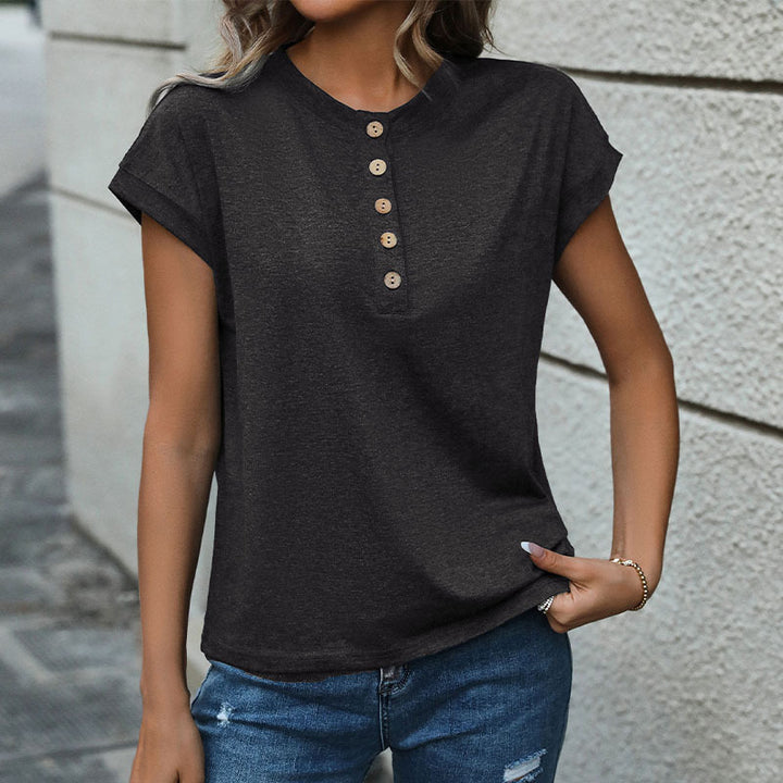 Damen Kurzarm-T-Shirt mit Knopfleiste Drune