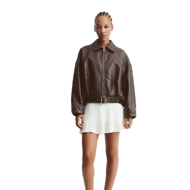 Damen Modische Kunstlederjacke mit weitem Schnitt und Taillengürtel Drune