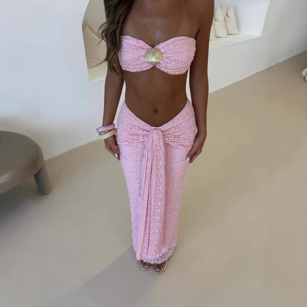 Damen Kleidungsset aus feiner Spitze und elegantem Wickelsaum Drune
