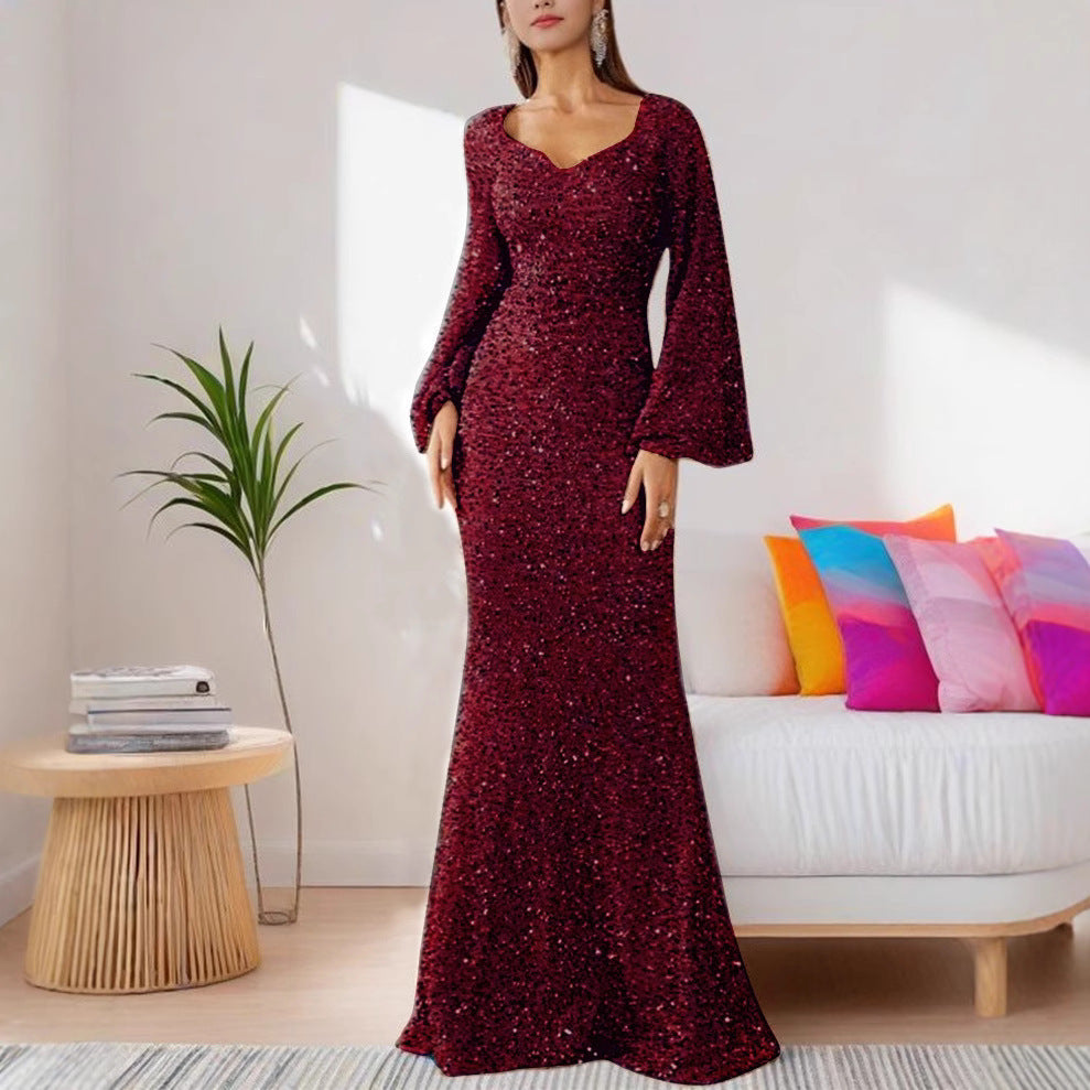 Damen Glamouröses Glitzer-Abendkleid mit schwingendem Rock und voluminösen Ärmeln Drune