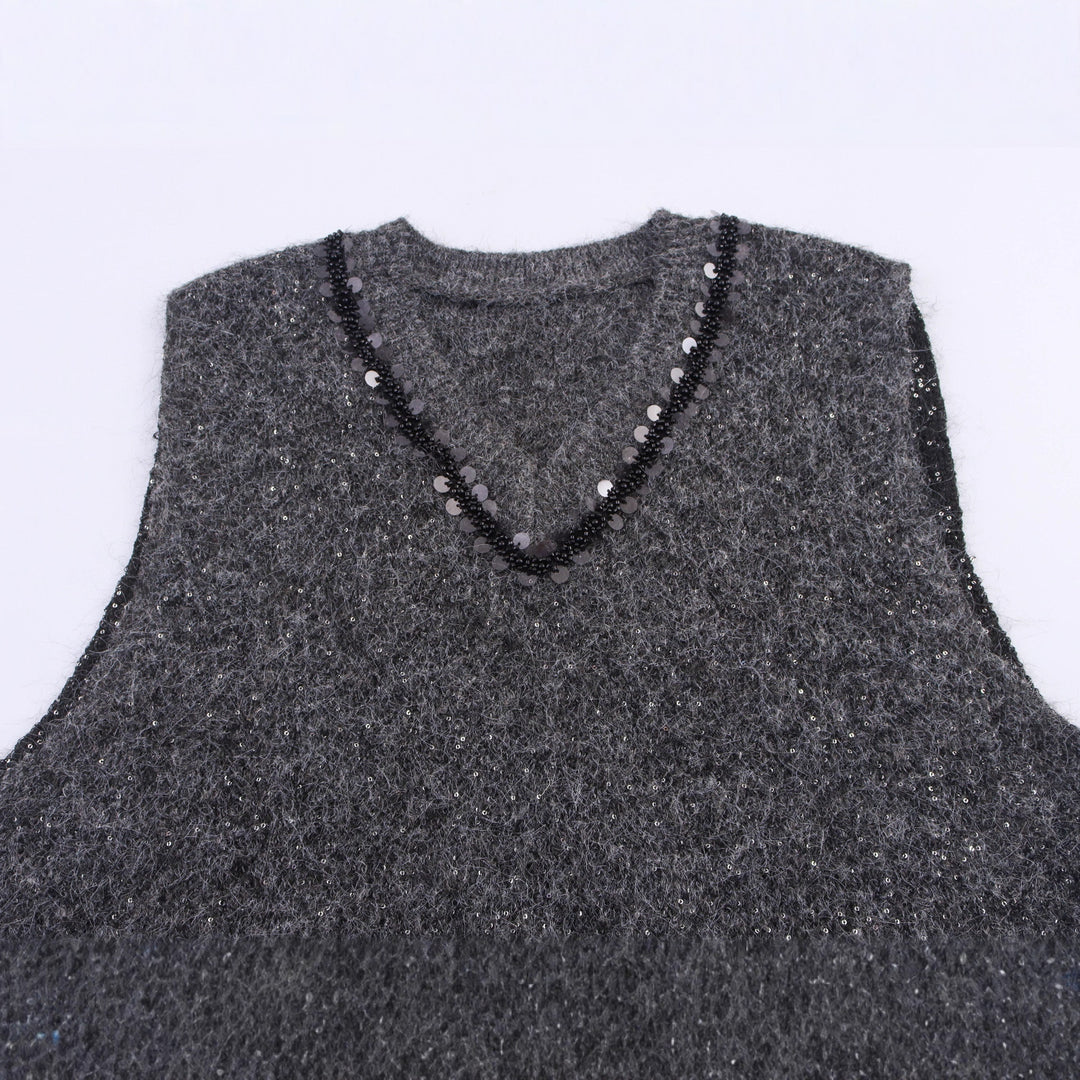 Damen eleganter Strickpullover ohne Ärmel mit funkelnden Applikationen Drune