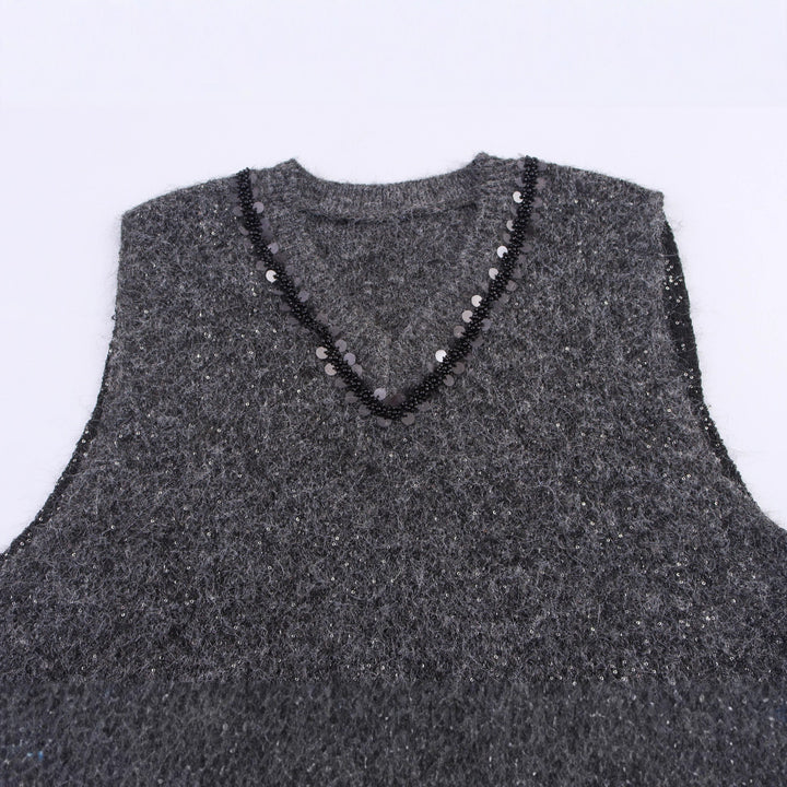 Damen eleganter Strickpullover ohne Ärmel mit funkelnden Applikationen Drune