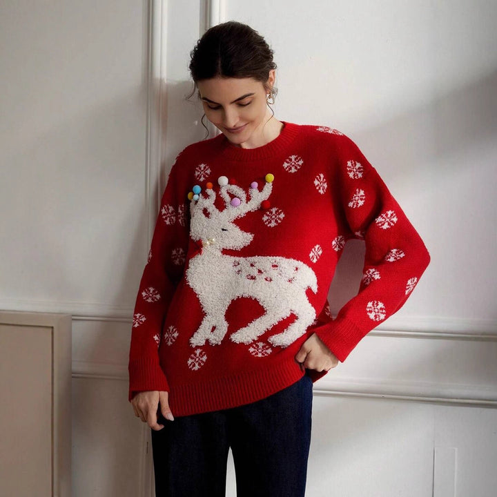 Damen Kuscheliger Weihnachtspullover mit 3D-Rentiermotiv und buntem Dekor Drune