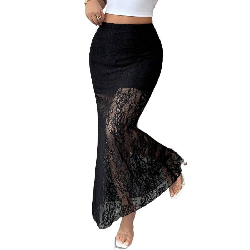 Damen Eleganter Spitzenrock im Maxi-Style mit transparenter Optik Drune