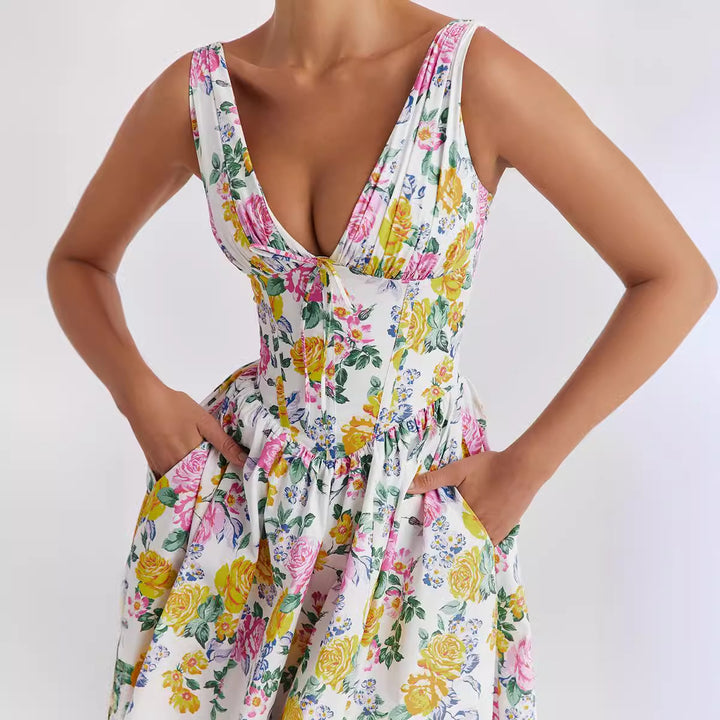 Damen Midikleid mit floralen Akzenten und tailliertem Oberteil Drune