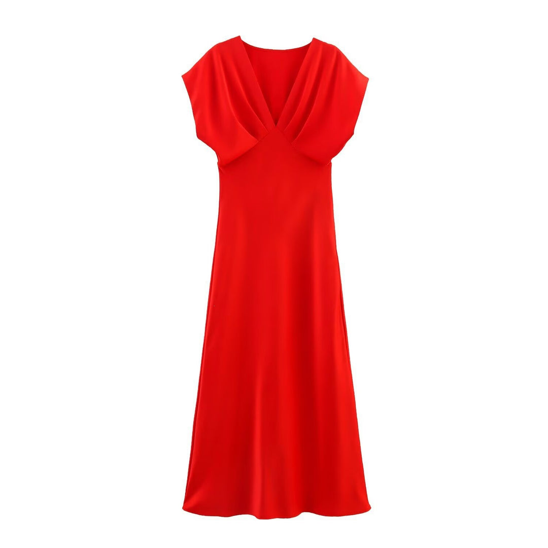 Damen Maxikleid mit elegantem V-Ausschnitt und fließendem Satin-Material Drune