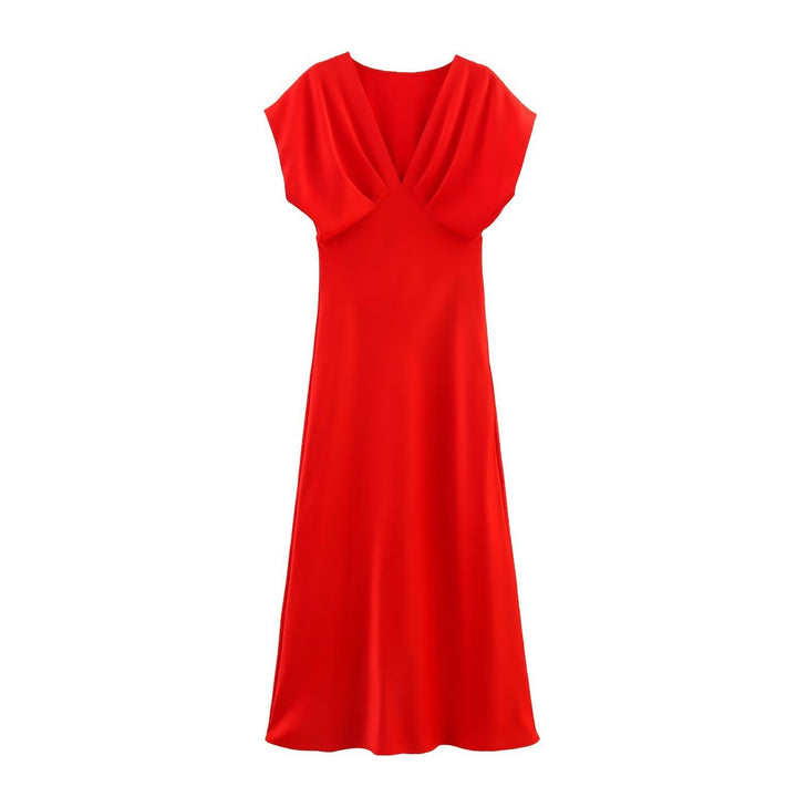 Damen Maxikleid mit elegantem V-Ausschnitt und fließendem Satin-Material Drune