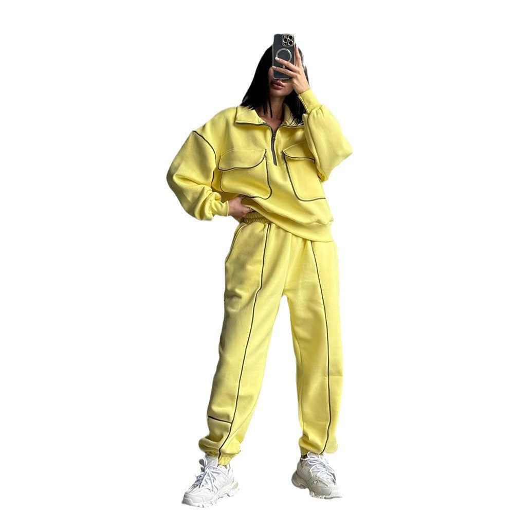 Damen nan Oversize Halbzip-Sweatshirt mit aufgesetzten Klappentaschen und Kontrastpaspeln Drune