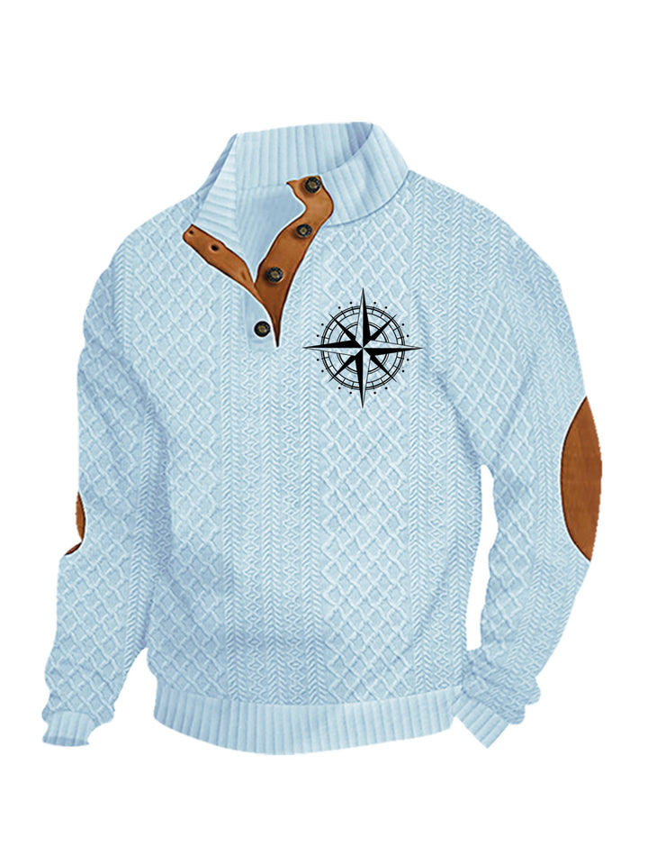 Herren nan Heritage-Strukturpullover mit Stehkragen Lederimitat-Besatz Ellenbogen-Patches und Halbknopfleiste Drune