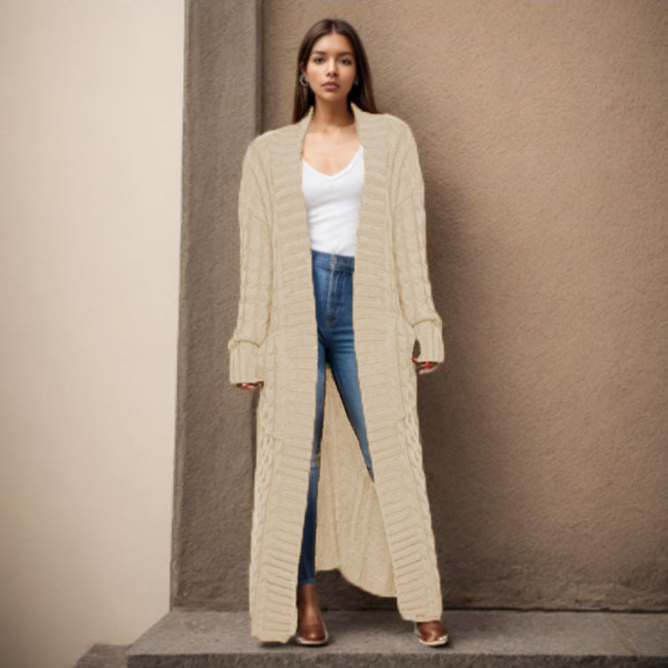 Damen langen Strickcardigan mit hochwertigem Zopfmuster Drune