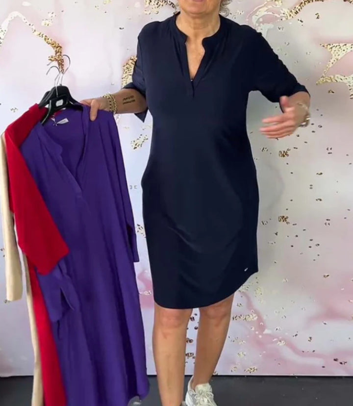Damen nan knielanges legeres Jerseykleid mit Stehkragen und V-Ausschnitt Drune