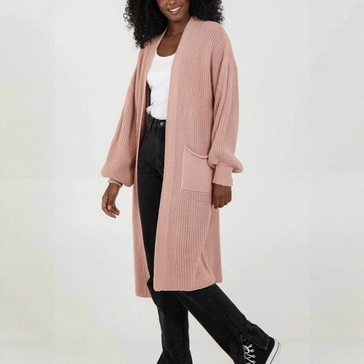 Damen Langer Strickcardigan mit voluminösen Ärmeln und offenem Schnitt Drune