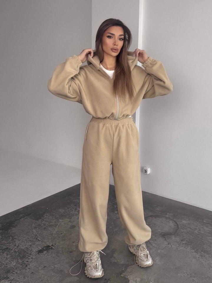 Damen Oversized Fleece-Jogginganzug mit Kapuze und weiten Beinen Drune
