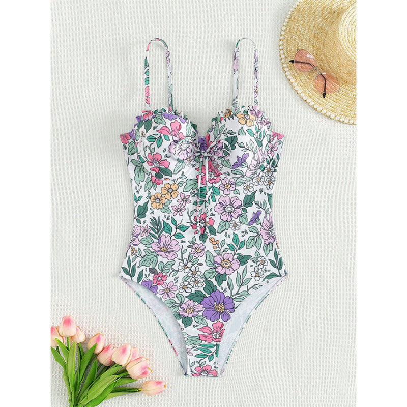 Damen Einteiliger Badeanzug mit floralem Design und traumhaftem Ausschnitt Drune