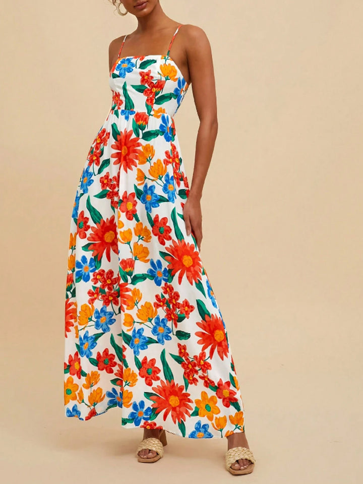 Damen Maxikleid mit buntem Blumenmuster und verstellbaren Trägern Drune