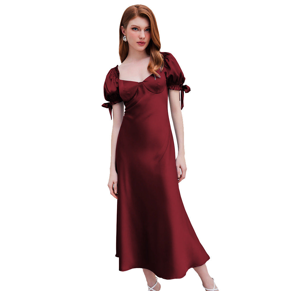 Damen Midi-Kleid mit eleganten Puffärmeln und schickem V-Ausschnitt Drune