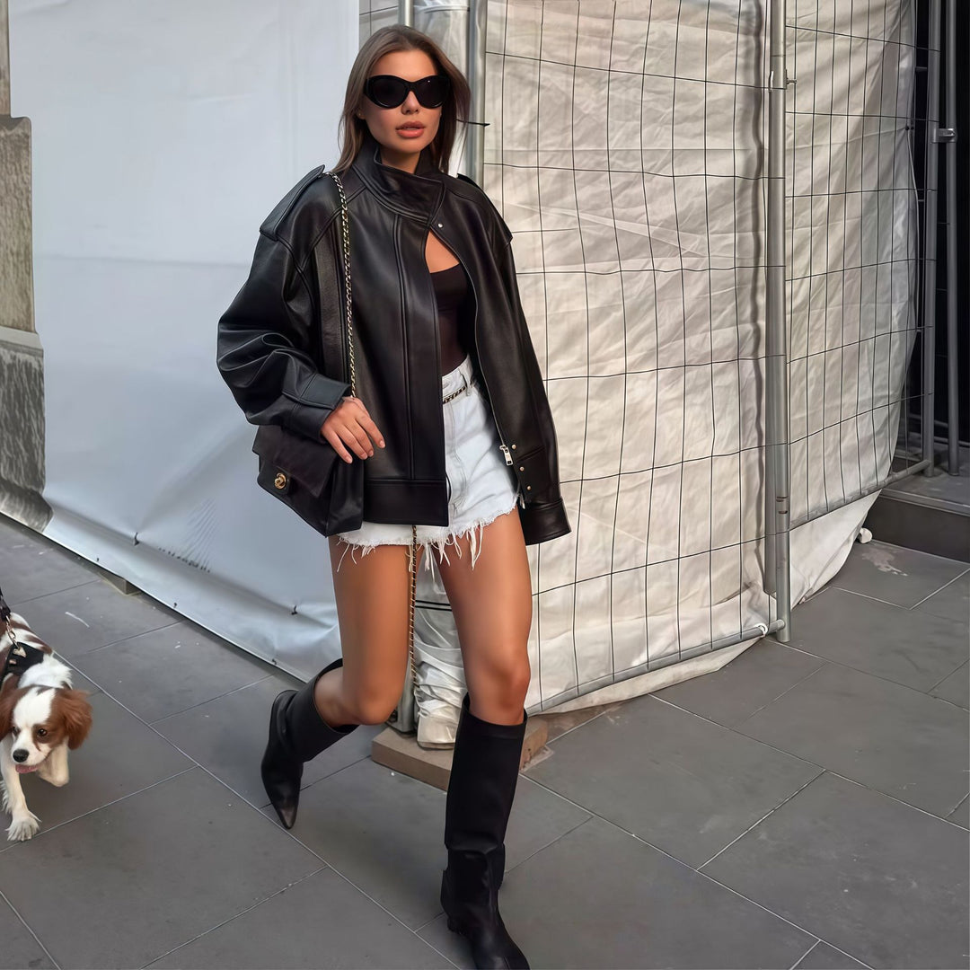 Damen elegante Oversized-Lederjacke mit hohem Kragen und praktischen Taschen Drune