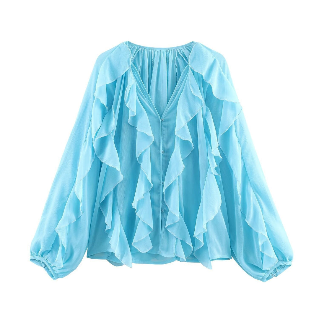 Damen Rüschenbluse mit weitem Schnitt und ballonartigen Ärmeln Drune