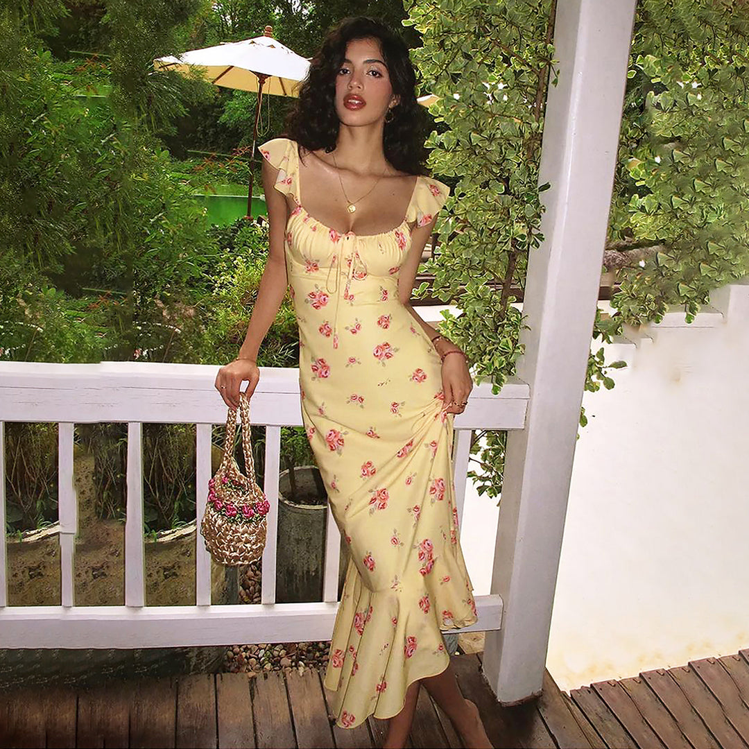 Damen Maxikleid mit Rüschensaum und floralem Muster Drune