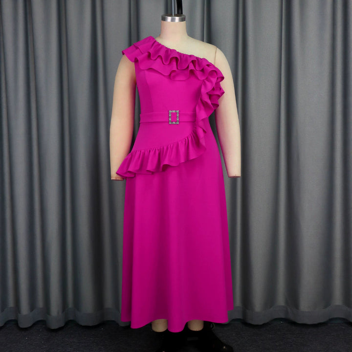 Damen Elegantes Maxikleid mit asymmetrischem Off-Shoulder Design und voluminösen Rüschen Drune