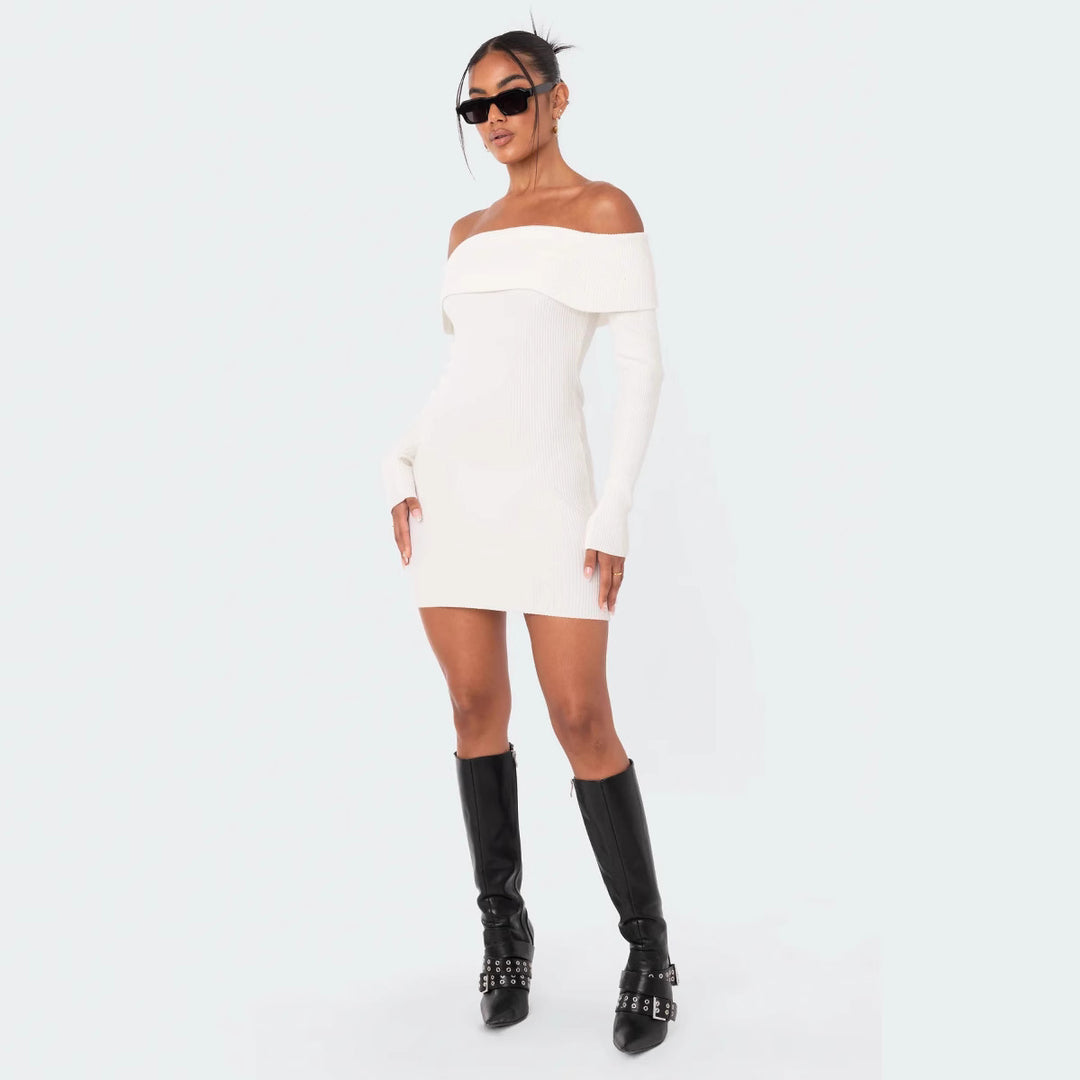 Damen Off-Shoulder Strickkleid mit figurbetontem Schnitt und Rippdetails Drune