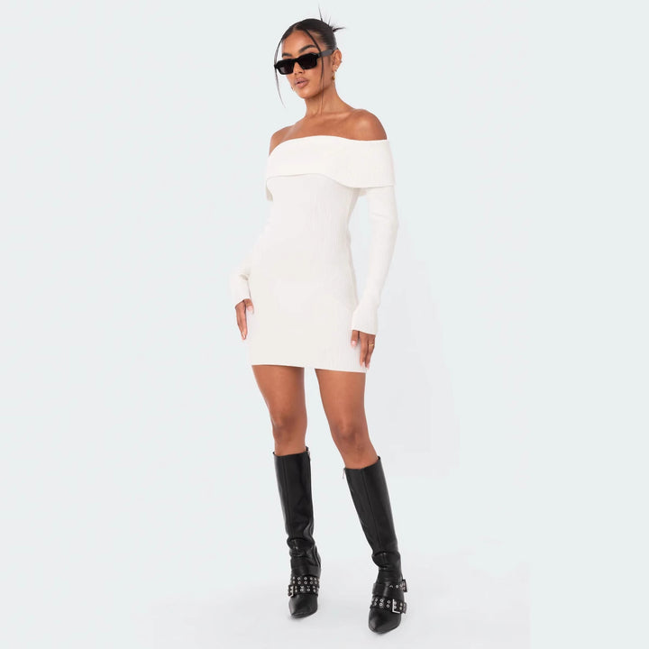 Damen Off-Shoulder Strickkleid mit figurbetontem Schnitt und Rippdetails Drune