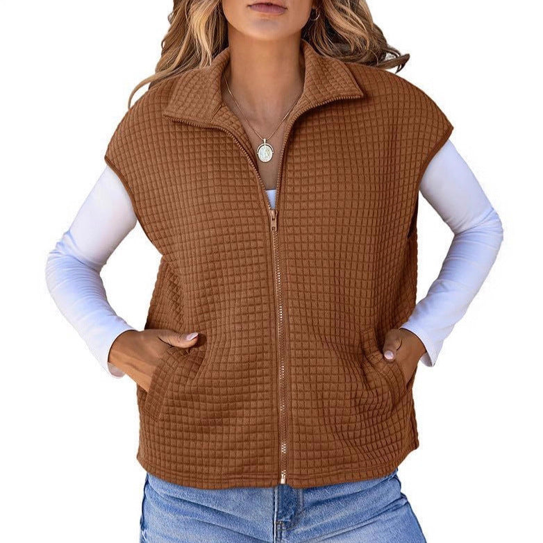 Damen Leichte Waffelstrick Weste mit Taschen und Stehkragen Drune