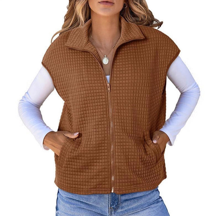 Damen Leichte Waffelstrick Weste mit Taschen und Stehkragen Drune