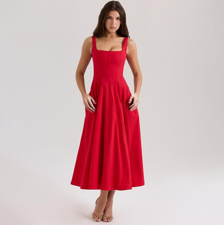 Damen A-Linien Kleid mit quadratischem Ausschnitt und schmalen Trägern Drune