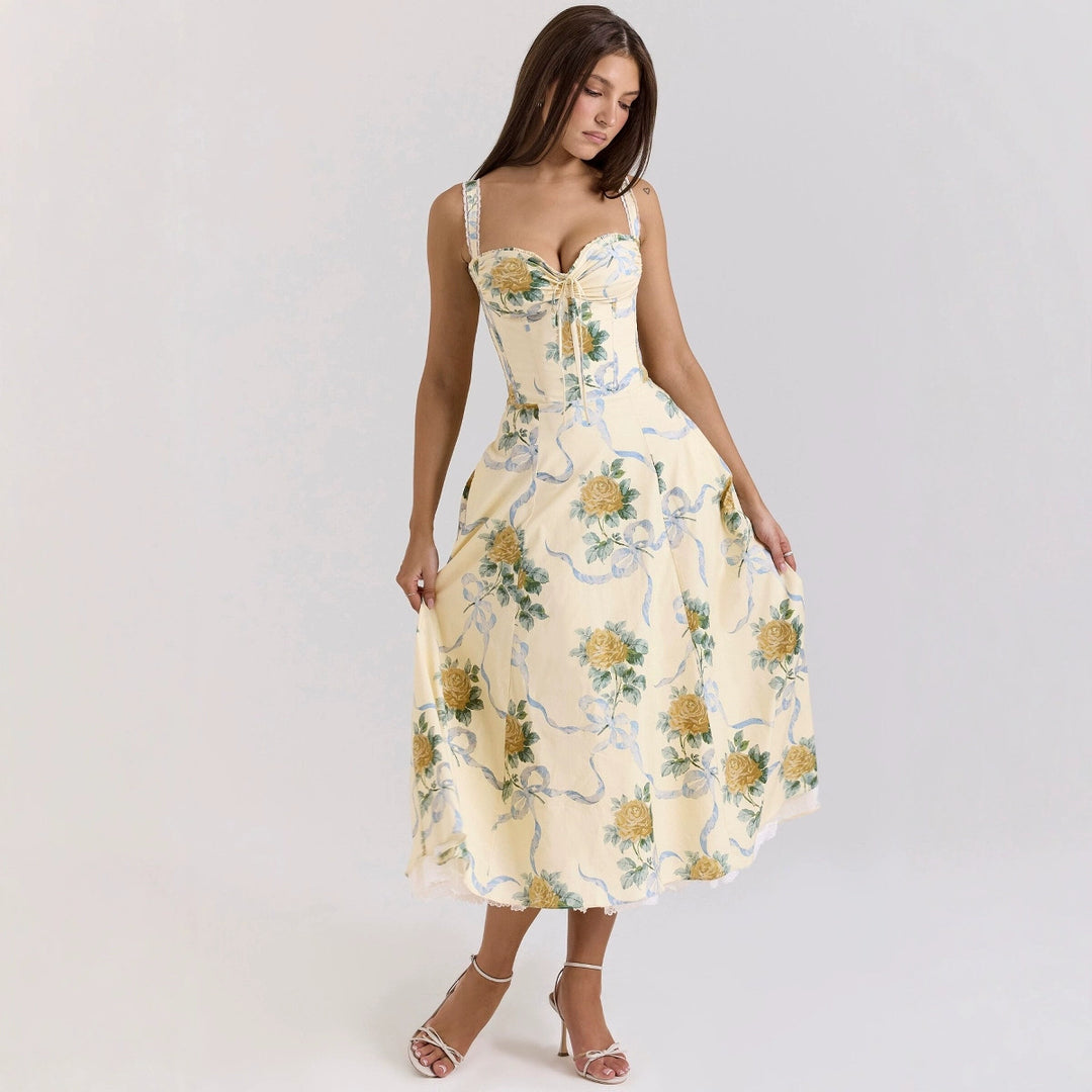 Damen Maxikleid mit floralem Design und eleganter Schnürung Drune