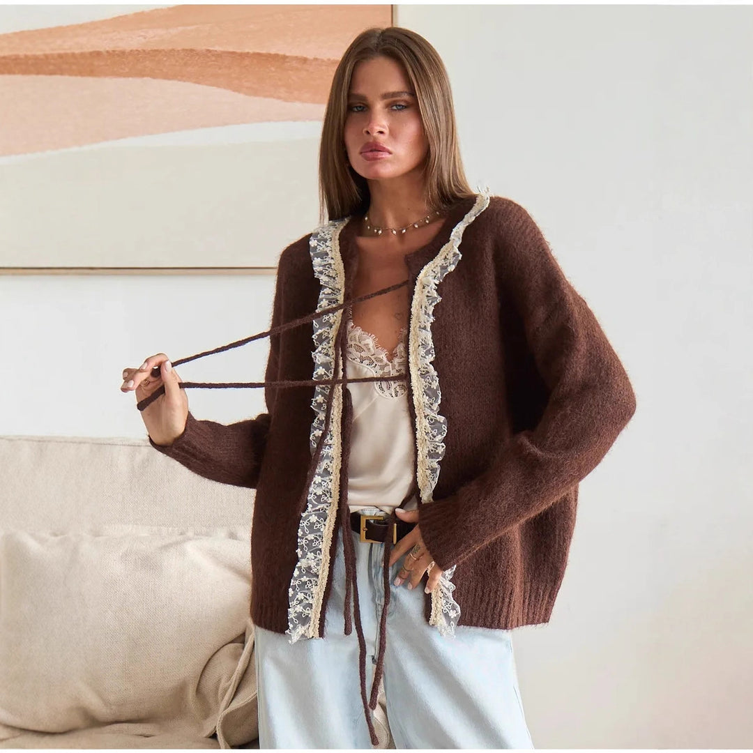 Damen eleganter Strickcardigan mit feinem Spitzen-Detail Drune