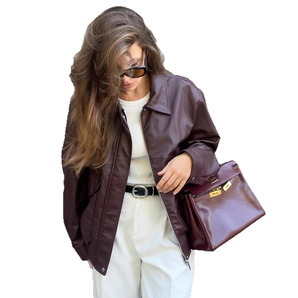 Damen Lederjacke mit Taschen und sportlichem Schnitt Drune