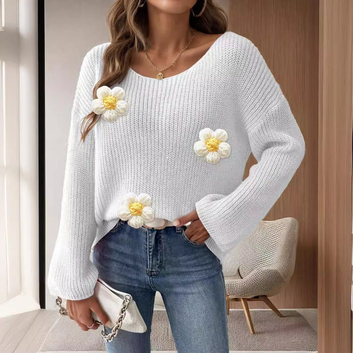 Damen Strickpullover mit verspielten Blumenapplikationen Drune