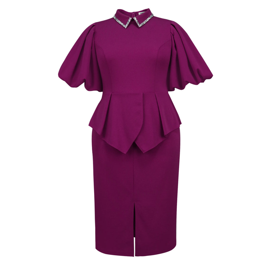 Damen Figurbetontes Peplum Kleid mit Puffärmeln und Glitzerkragen Drune