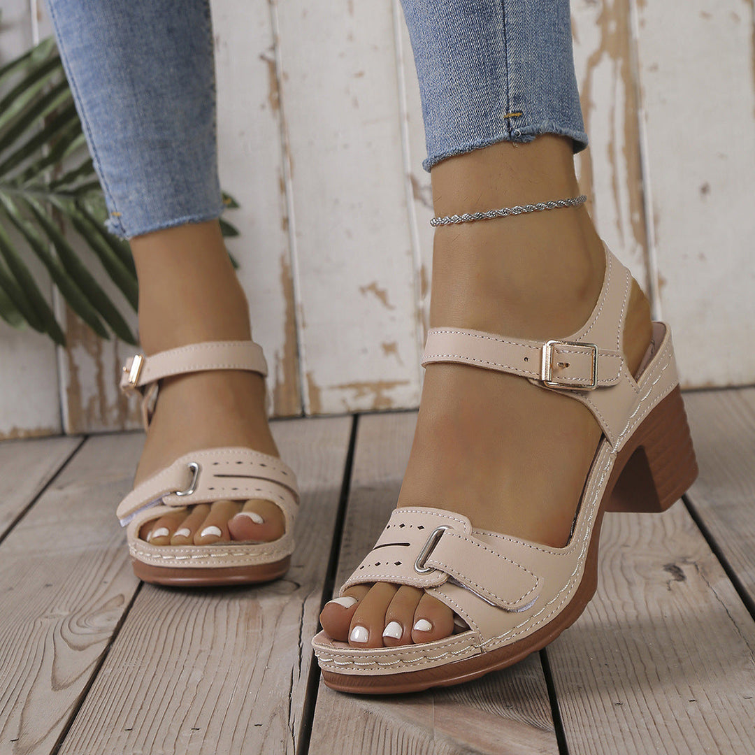 Damen modische Sandaletten mit eleganter Schnalle und Holz-Blockabsatz Drune
