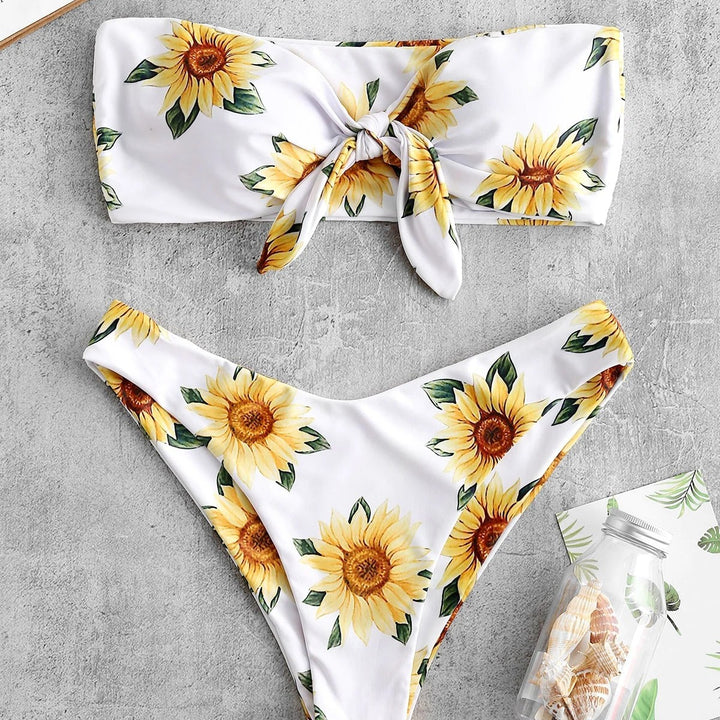 Damen Bandeau-Bikini mit floralem Design und praktischen Knoten Drune