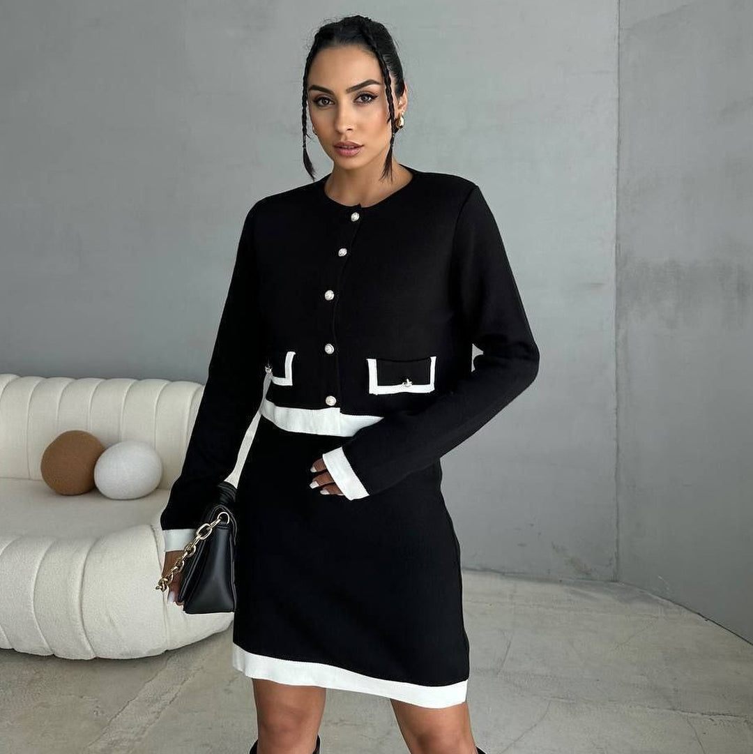 Damen elegantes Strickjacken-Kleid mit Kontrastdetails Drune