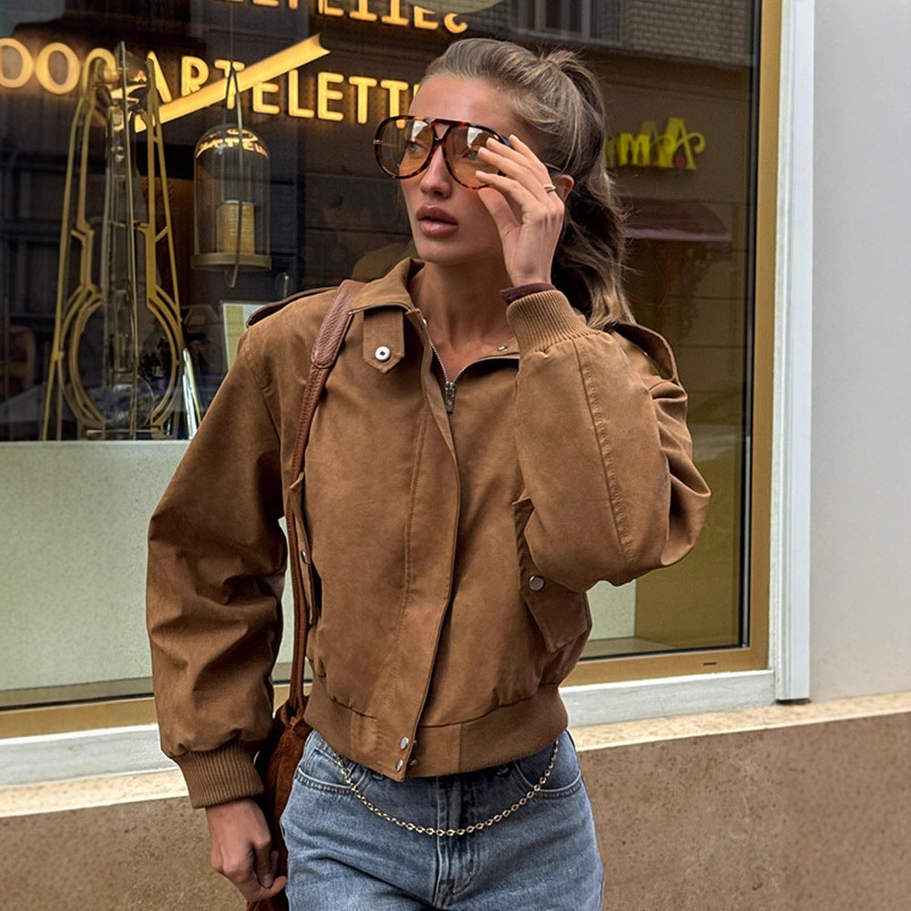 Damen lässige Kurzjacke mit voluminösen Ärmeln und Reißverschluss Drune