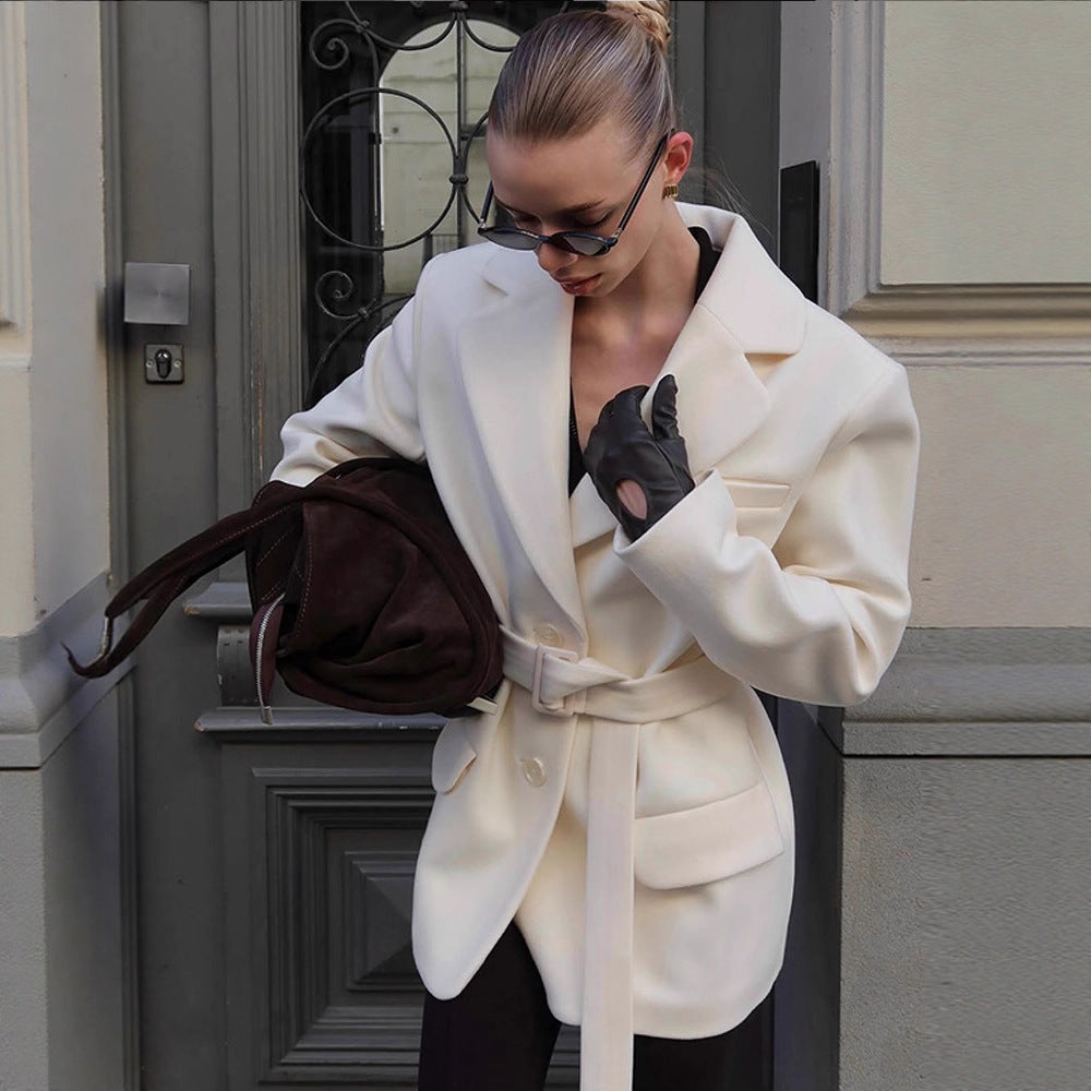 Damen modischer Blazer mit Taillengürtel und praktischen Taschen Drune