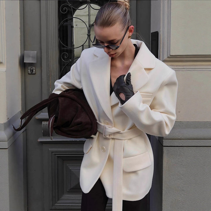 Damen modischer Blazer mit Taillengürtel und praktischen Taschen Drune