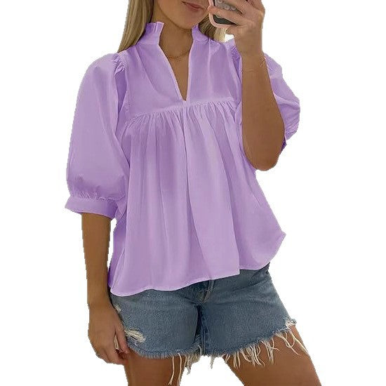 Damen elegante kurzärmlige Bluse mit Rüschendetails und lässigem Schnitt Drune