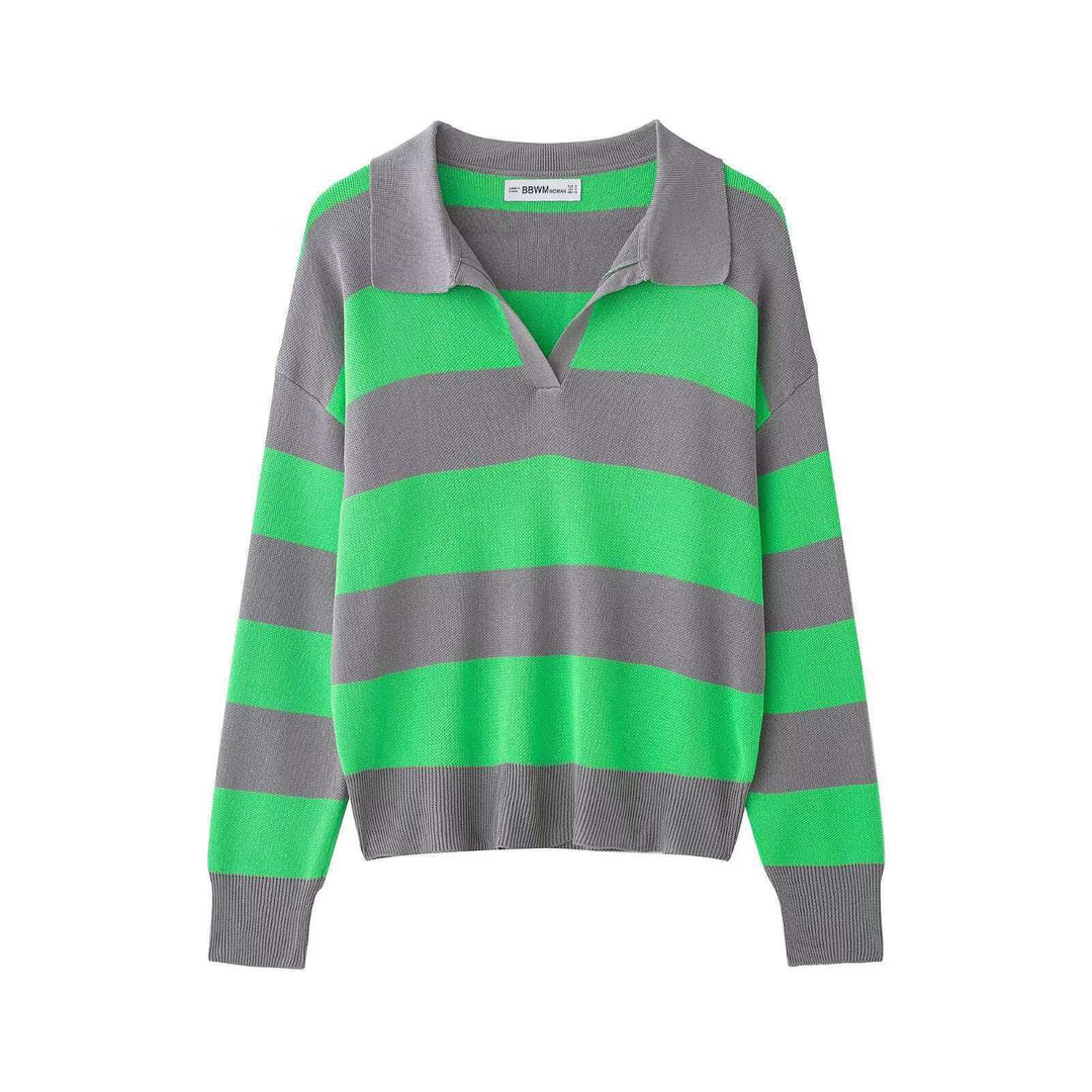 Damen nan gestreifter Rugby-Strickpullover mit Polokragen und weiter Oversize-Passform Drune
