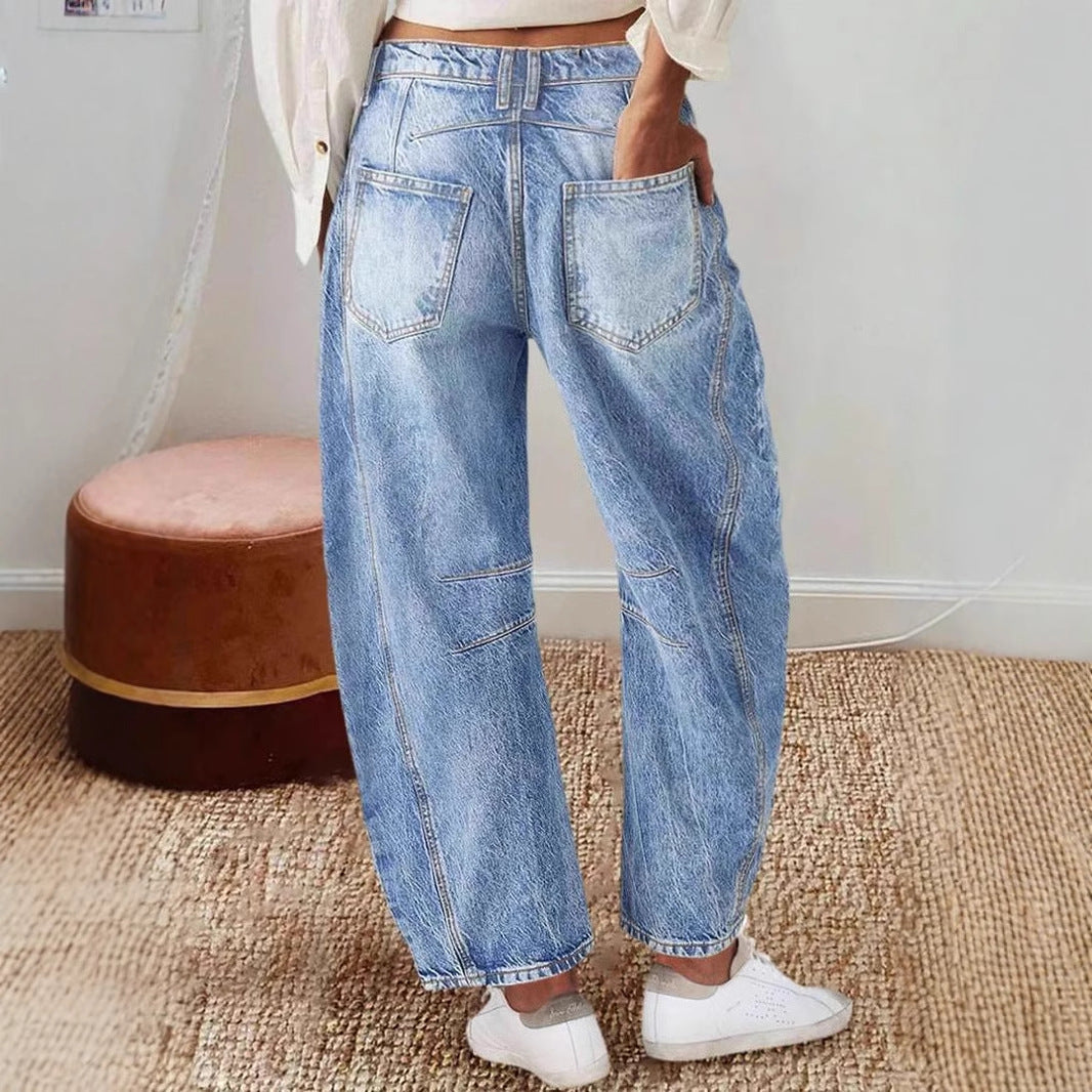Damen weit geschnittene Denim-Jeans mit hohem Bund und modernen Designdetails Drune
