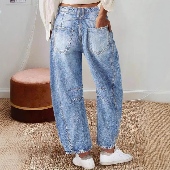 Damen weit geschnittene Denim-Jeans mit hohem Bund und modernen Designdetails Drune