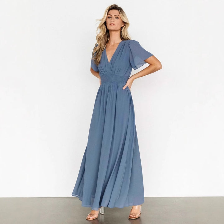 Damen elegantes Maxikleid mit V-Ausschnitt und elastischem Taillenbund Drune